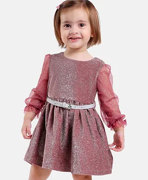 Babyoye Knitted Full Sleeves Glitter Party Dress - Brown