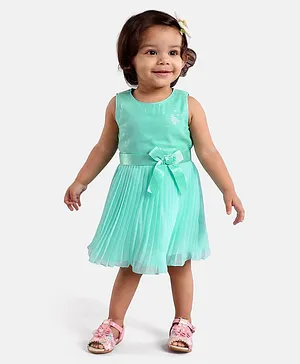 Babyoye Sleeveless Frock With Bow Applique & Sequin Detailing- Green