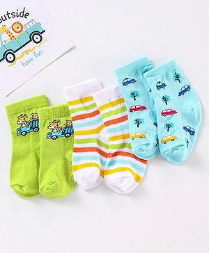 Cute Walk by Babyhug Anti Bacterial Ankle Length Non Terry Striped Socks Car Design Pack of 3 - Blue Green