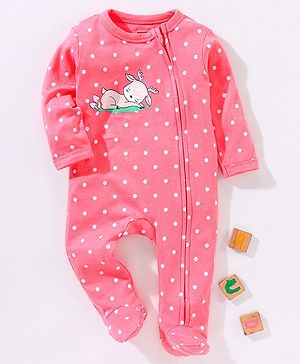 Babyhug Cotton Full Sleeves Sleepsuit Deer & Dot Print- Pink