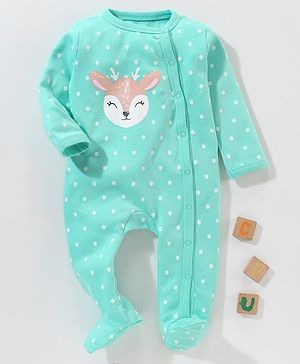 Babyhug Cotton Full Sleeves Sleep Suit Deer & Polka Dots Printed - Green