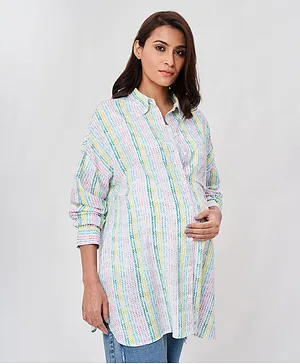 Ed-a-Mamma Sustainable Full Sleeves Herringbone Pattern All Over Print Maternity Shirt - Multi Color