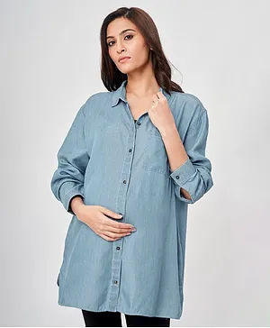 Ed-a-Mamma Sustainable Full Sleeves Washed Denim Maternity Shirt - Blue