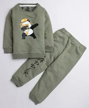 Polka Tots Full Sleeves Rapper Panda Print T Shirt With Joggers - Green