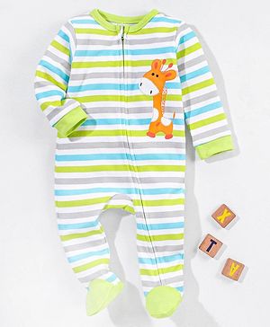 Babyhug Cotton Full Sleeves Striped Sleep Suit Donkey Embroidery- Green & Blue