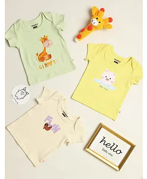 GREENDiGO Pack Of 3 Organic Cotton Giraffe Embroidered With Sloth & Pig Printed Tees - Green, Beige & Yellow