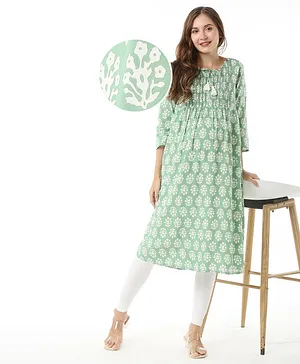 Bella Mama Viscose Soft Rayon All Over Butti Pleated With Handwork Maternity Kurta With Pocket - Green