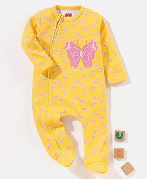 Babyhug Cotton Knit Full Sleeves Footed Sleepsuit Butterfly Print - Yellow