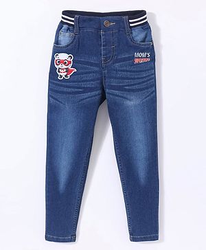 Babyhug Denim Full Length Stretchable Washed Jeans With Panda Patch- Blue