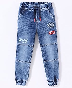 Babyhug Washed Denim Full Length Stretchable Jeans With Embroidery- Blue