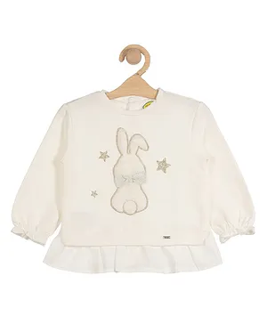 Lil Lollipop Full Puffed Sleeves Bunny Placement Embroidered & Star Embellished Top - White