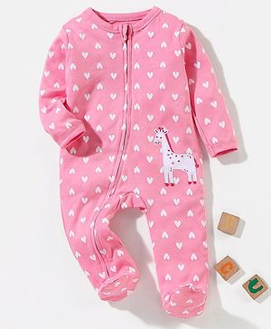 Babyhug Cotton Knit Full Sleeves Footed Sleepsuit Heart Print & Giraffe Applique - Pink