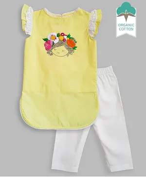 Keebee Organics Organic Cotton Cap Sleeves Schiffli Lace Embellished & Flower Embroidered Curved Hem Top With Pant - Yellow