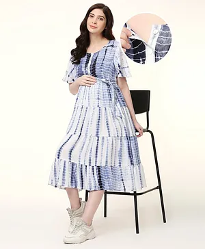 Bella Mama Soft Rayon Tie Dye Printed Short Sleeves Maternity Dress With Pocket-Blue
