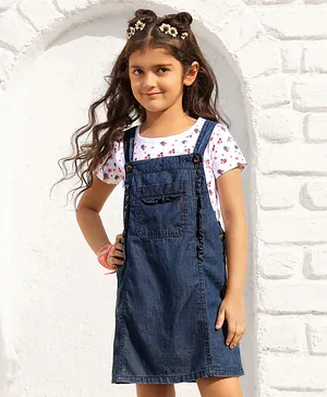 Ollington St. Half Sleeves Top with Light Weight Denim Pinafore Floral Print - White Indigio