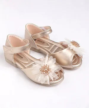 KIDLINGSS Flower Applique Glossy Finish Ankle Strap Sandal - Golden
