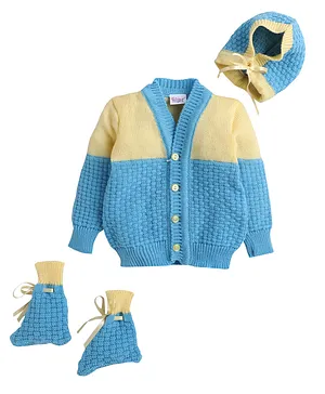 Little Angels Full Sleeves Self Design Front Open Sweater With Matching Cap And Socks - Blue