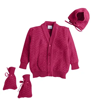 Little Angels Full Sleeves Self Design Front Open Sweater With Matching Cap And Socks - Pink