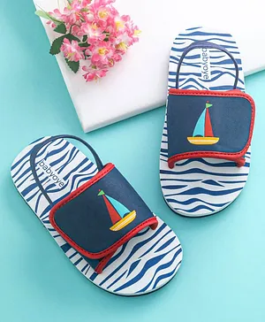 Babyoye Flip Flops Sailboat Print Velcro Closure with Backstrap - Navy