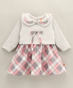 Dew Drops Suede Full Sleeves Checked Winter Frock - Peach Grey