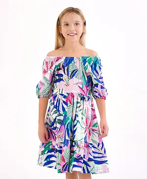 Primo Gino Cotton Viscose All Over Floral Print Half Sleeves Frock With Smocking At The Waist- Blue Green