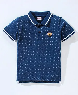 Babyhug Cotton Half Sleeves Polo T-Shirt with Bear Applique Dot Print - Blue