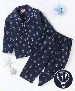 Babyhug Cotton Knit Full Sleeves Night Suit Hot Air Balloon Print - Blue