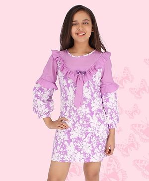 Cutecumber Full Puffed Sleeves All Over Floral Printed With Frilled Bodice Detail Shift Dress - Purple