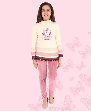 Cutecumber Full Sleeves Unicorn Printed Patch Embellished Top with Drop Needle Chenille Solid Trouser - Cream