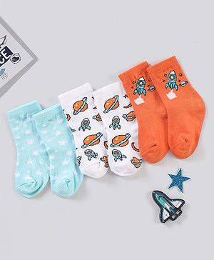 Cute Walk by Babyhug Ankle Length Anti Bacterial Space Theme Socks Pack Of 3 - Blue White