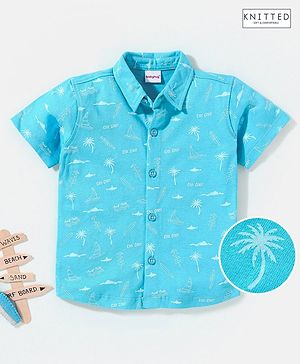 Babyhug Half Sleeves Cotton Knitted Beach Theme Printed Shirt - Blue