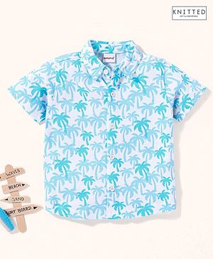 Babyhug Half Sleeves Cotton Knitted Palm Tree Printed Shirt - White & Blue