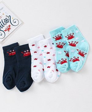 Cute Walk by Babyhug Anti Bacterial Ankle Length Non Terry Striped Socks Star Print Pack of 3 - Blue White