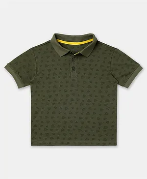 Zion Half Sleeves Seamless Triangular Geometric Motif Printed Polo Tee - Olive Green