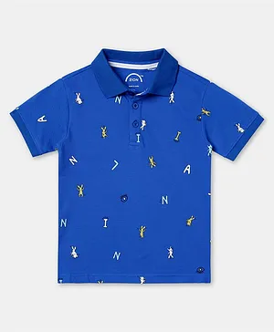 Zion Half Sleeves All Over Bunny & Letters Printed Polo Tee - Royal Blue