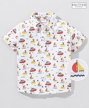 Babyhug Half Sleeves Cotton Knitted Boat Print Shirt- - White