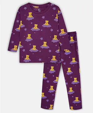 Cuddles for Cubs 100% Super Soft Cotton Full Sleeves Teddy Printed Night Suit - Purple