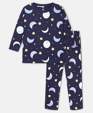 Cuddles for Cubs 100% Super Soft Cotton Full Sleeves Moon & Stars Printed Night Suit - Navy Blue
