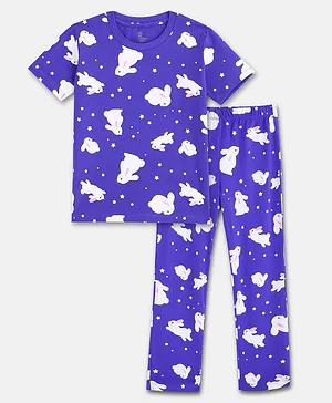 Cuddles for Cubs 100% Super Soft Cotton Half Sleeves Bunny Printed Night Suit - Blue