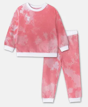 Cuddles for Cubs 100% Super Soft Cotton Full Sleeves Tie And Dye Detail Sweatshirt Jogger Set - Pink
