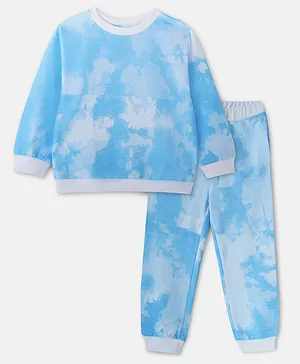 Cuddles for Cubs 100% Super Soft Cotton Full Sleeves Tie And Dye Detail Sweatshirt Jogger Set - Blue