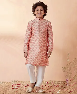 Manyavar Full Sleeves Damask Style Motif Printed Lace Embellished Kurta Pyjama Set - Pink
