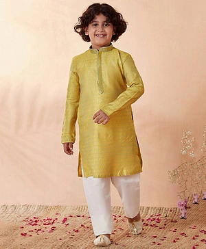 Manyavar Full Sleeves Floral Motif Printed Border Lace Embellished Kurta Pyjama Set - Yellow