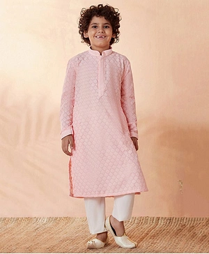 Manyavar Full Sleeves Seamless Ethnic Motif Embroidered Kurta With Pyjama - Pink