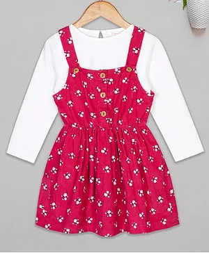 Budding Bees Corduroy Sleeveless Floral Printed Dungaree Dress With Full Sleeves Solid T Shirt - Red