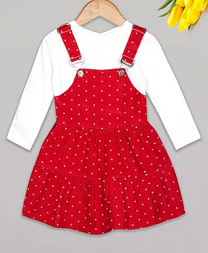 Budding Bees Full Sleeves Solid Tee With Polka Dots Printed Dungaree Dress - Red