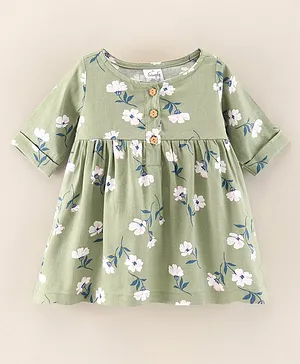 Simply Half Sleeves Cotton Frock Floral Print- Green