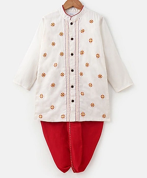 Babyoye 100% Cotton Full Sleeves Dhoti Kurta Set Embroidered - Red