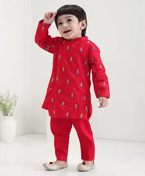 Babyoye 100% Cotton Full Sleeves Kurta Pyjama Set Floral Sequins and Embroidered - Red