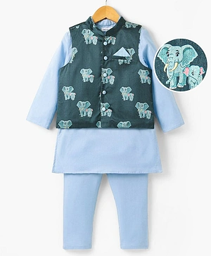 Babyoye Cotton Woven Full Sleeves Kurta & Pajama Set with Jacket Elephant Print - Blue